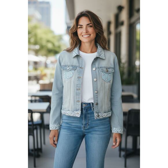 CISono Denim Collection Wash Out Jeans Jacket Blue Bandana Inserts Pockets XL - Picture 1 of 12